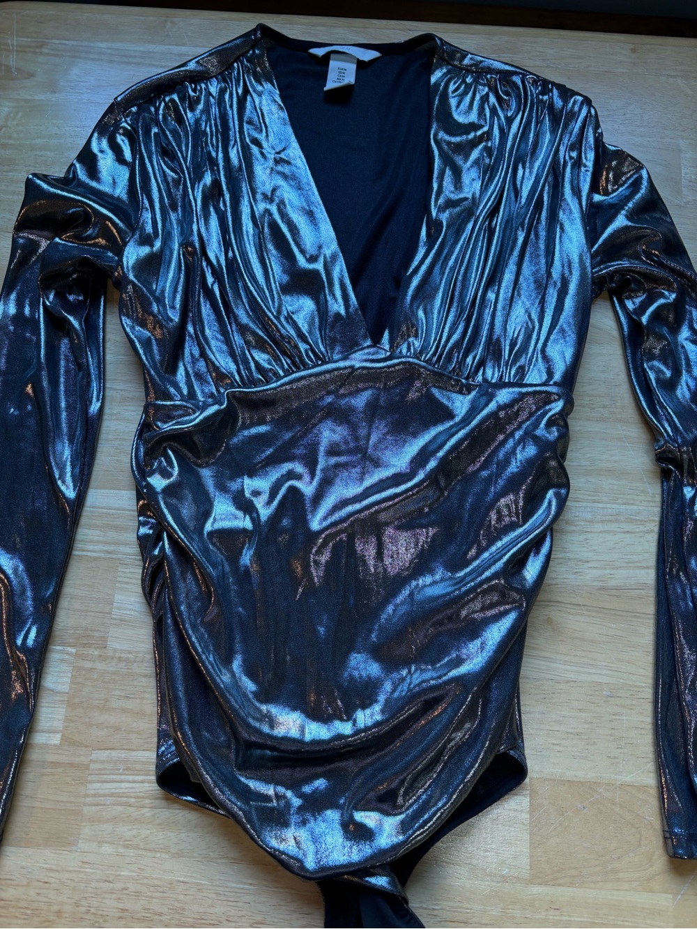 H&M Metallic Silver Deep V Long-Sleeve Bodysuit